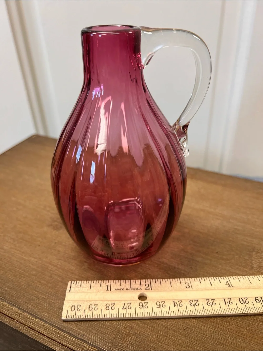 Handblown Cranberry Glass Pitcher with Clear Handle - Unbranded